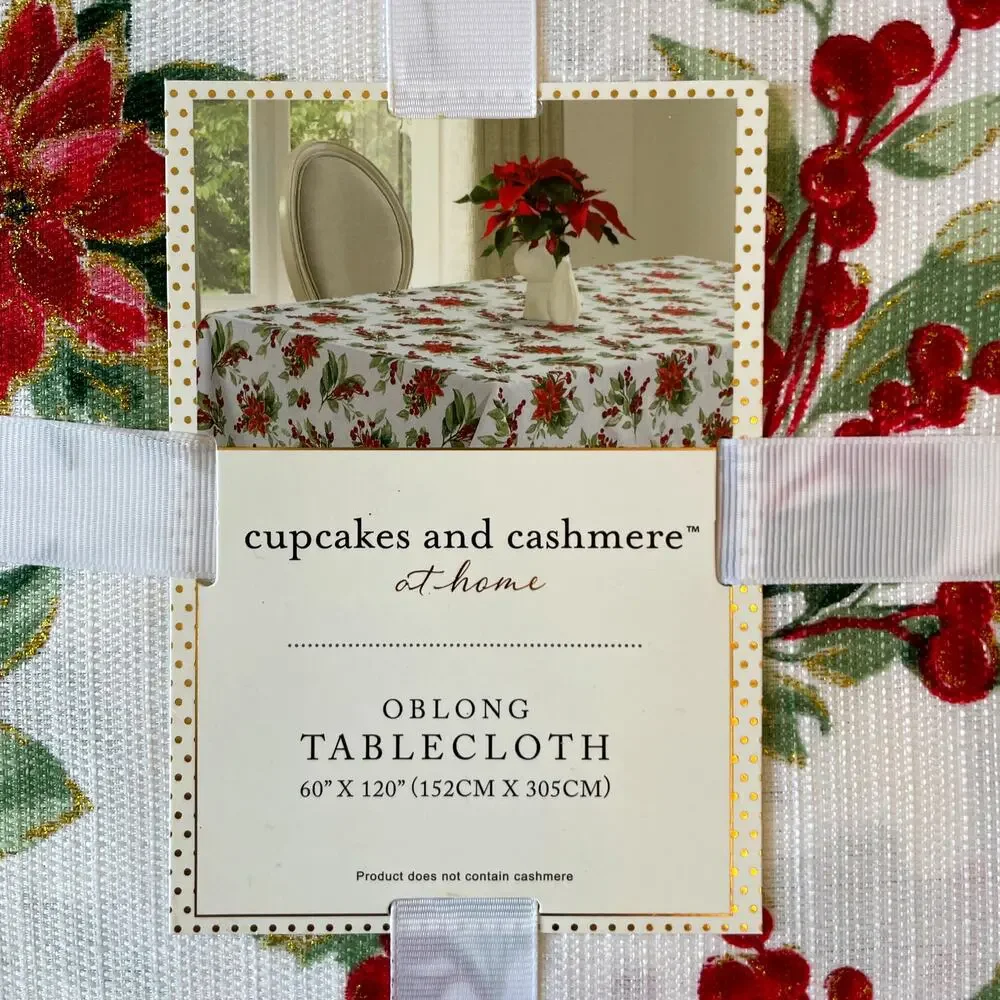 Cupcakes & Cashmere POINSETTIA Christmas Tablecloth 60x120 Oblong New